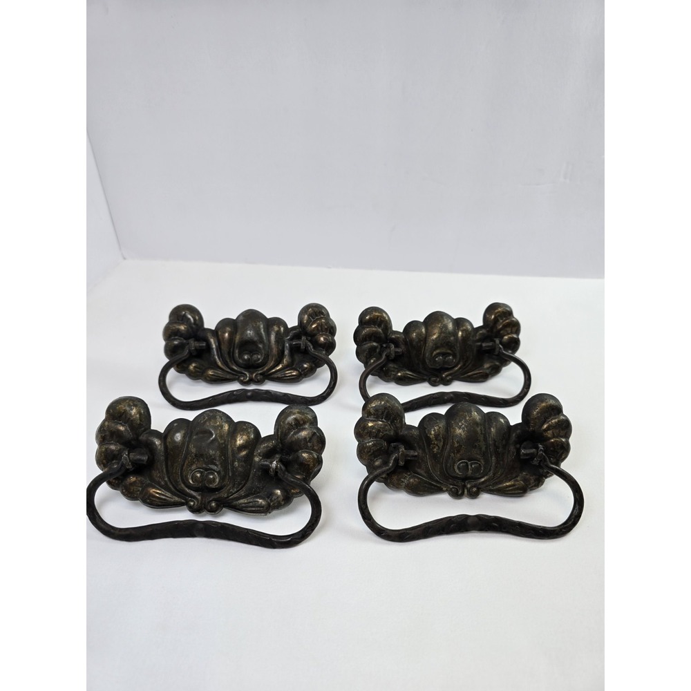 Set of 4 Vintage Ornate Brass Tone Bail Drawer Pulls Victorian French Provincial